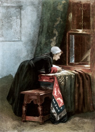En hollandsk kvinde skærer klæde, 1889 af Unbekannt
