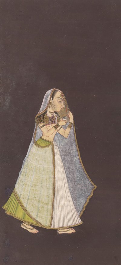 En dame går om natten med en olielampe, ca. 1725. af Unbekannt
