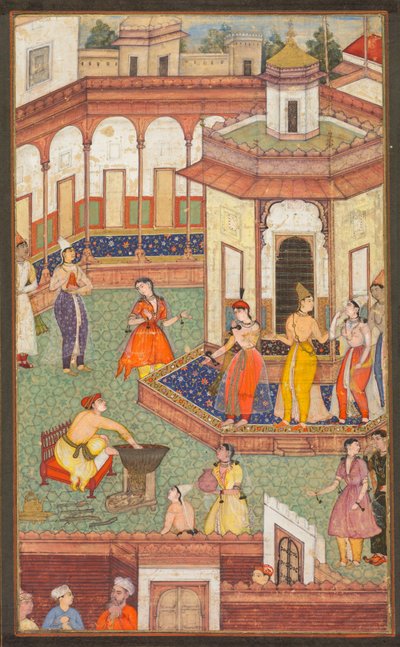 En mand dypper sin hånd i en kedel, mens Ladies of the Harem står i forbløffelse..., ca. 1600. af Unbekannt
