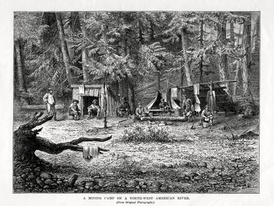 En minelejr ved en nordvestamerikansk flod, 1877 af Unbekannt