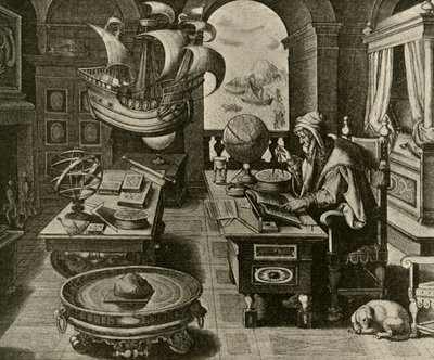 En navigationsekspert på arbejde i sit studie med globe og kompas, c1591, 1928. af Unbekannt