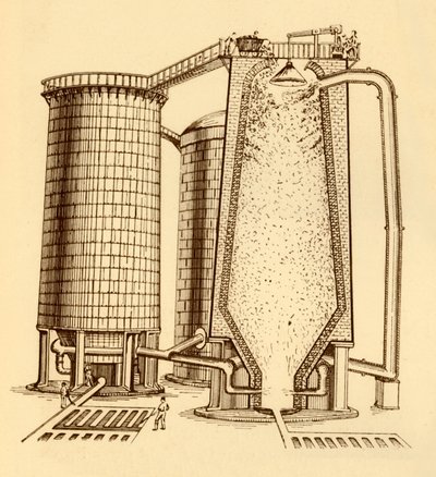 Et sæt moderne højovne vist i sektion, c1930. af Unbekannt