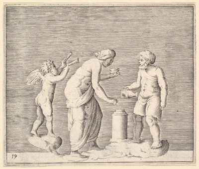 En kvinde og mand, der ofrer i Amors nærvær, udgivet ca. 1599-1622. af Unbekannt