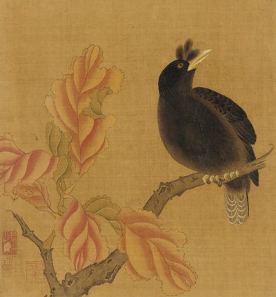 En solsort på en gren, efterårsblade, Qing-dynastiet, 1700-tallet. af Unbekannt
