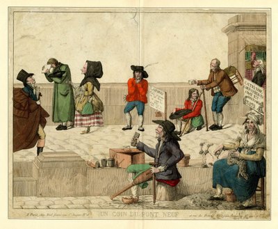 Et hjørne af Pont Neuf, Paris, med lamme tiggere og gadesælgere, ca 1813. af Unbekannt