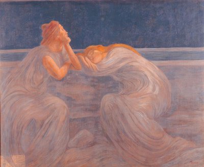 Et par kvinder iført blå og grå kjoler sover om natten lænet på en balustrade og sidder på en bænk af Unbekannt