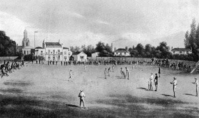 En cricketkamp i gang på Kennington Oval, London, 1848 1912 af Unbekannt