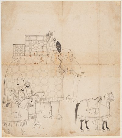 En tegning af Caparisoned Elephant and Horses, ca. 1760. af Unbekannt