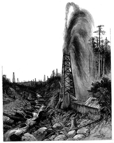En gyser i Pennsylvanians oliefelter, USA, 1886 af Unbekannt