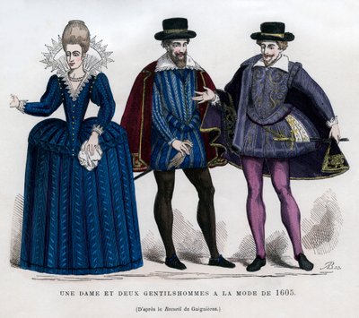 En dame og to herrer i fransk kjole fra 1605 1882-1884 af Unbekannt