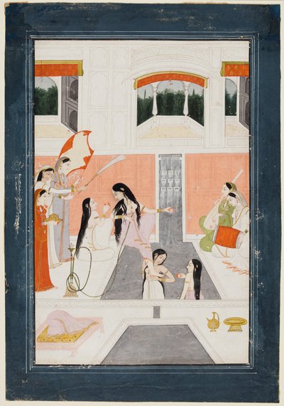 En dame ved sit toilet lytter til musik ved siden af en paladsvandkaskade, ca. 1780. af Unbekannt