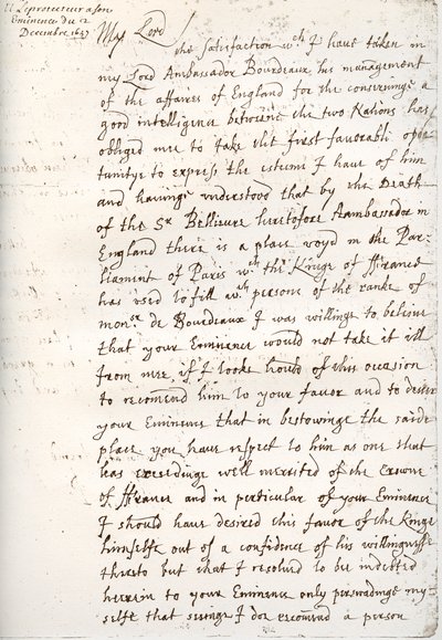 Et brev af Oliver Cromwell til kardinal Mazarin, 4. december 1657, 1899 af Unbekannt