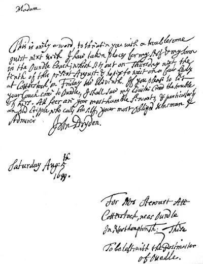 Et brev skrevet af John Dryden 1631-12700, engelsk digter, 1699 1840 af Unbekannt