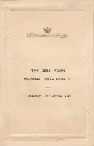 En menu til The Grill Room på Piccadilly Hotel, London, 1920 af Unbekannt