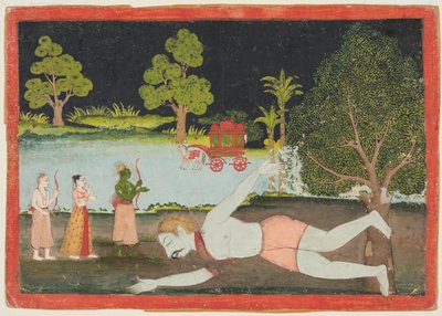 En side fra en Ramayana: Rama, Lakshman og Sita før en dræbt kæmpe, ca. 1770. af Unbekannt
