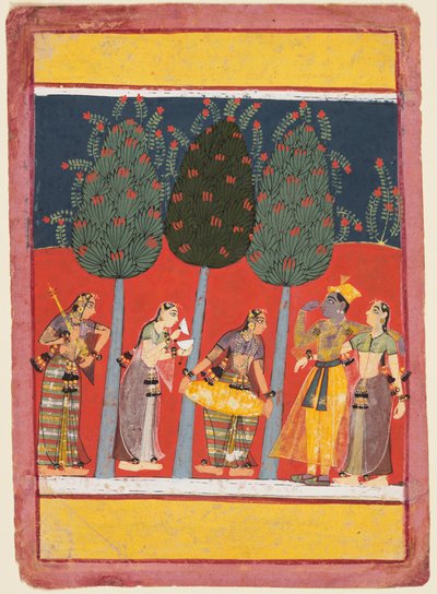 En side fra en Rasikapriya-serie: Krishna og Radha og Sakhierne med musikinstrumenter, ca. 1650 af Unbekannt