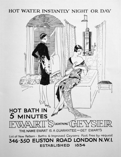 Annonce for Ewarts Geyser for varmt vand, 1928 af Unbekannt
