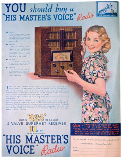 Annonce for His Masters Voice-radioer, 1936 af Unbekannt