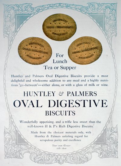 Annonce for Huntley og Palmers Oval Digestive Biscuits, 1909 af Unbekannt