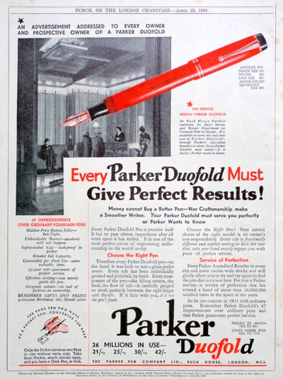 Annonce for Parker-penne, 1931 af Unbekannt