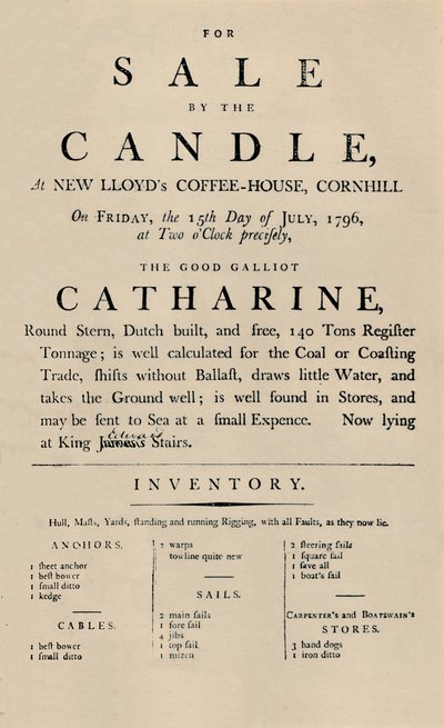 Annonce for salg af Candle i Lloyds, 1796, 1928 af Unbekannt