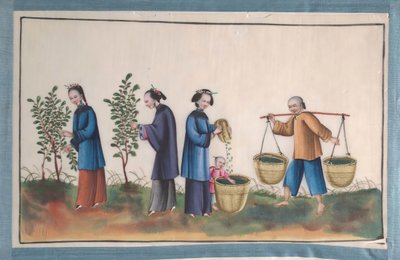 Album indeholdende tolv malerier af mennesker, der fremstiller silke, 1800-tallet. af Unbekannt