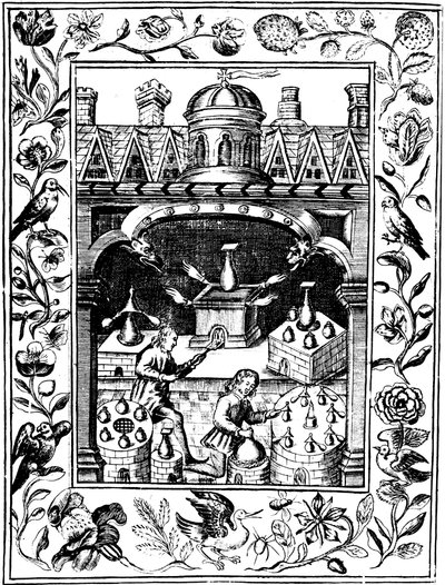 Alkymistisk laboratorium, der viser forskellige former for ovne og beholdere, 1652 af Unbekannt