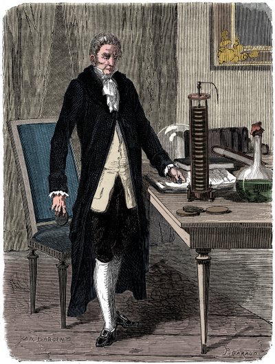Alessandro Volta, italiensk fysiker, demonstrerer sit elektriske batteri, c1800 c1870 af Unbekannt