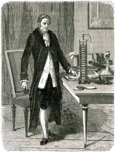Alessandro Volta, italiensk fysiker, demonstrerer sit elektriske batteri, c1800 c1870 af Unbekannt