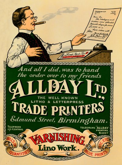 Allday Ltd., annonce for handelsprintere, 1910 af Unbekannt