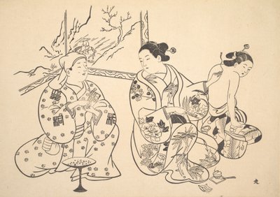 En Oiran, der sidder i en stue, anvender brandbehandlingen på en anden kvindes blottede ryg. af Unbekannt