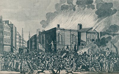 En nøjagtig gengivelse af afbrændingen, plyndringen og ødelæggelsen af Newgate af uromagerne på af Unbekannt