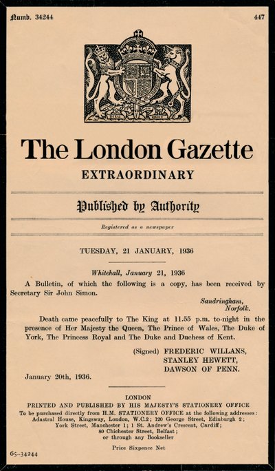 En ekstraordinær bulletin fra The London Gazette, der annoncerer kong George Vs død 1865-1936 af Unbekannt