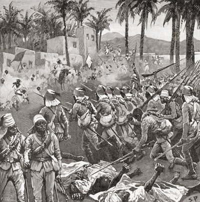 Anglo-egyptiske tropper stormer landsbyen Ferkeh i slaget ved Ferkeh eller Firket, 7. juni 1896, under Mahdist-krigen. af Unbekannt