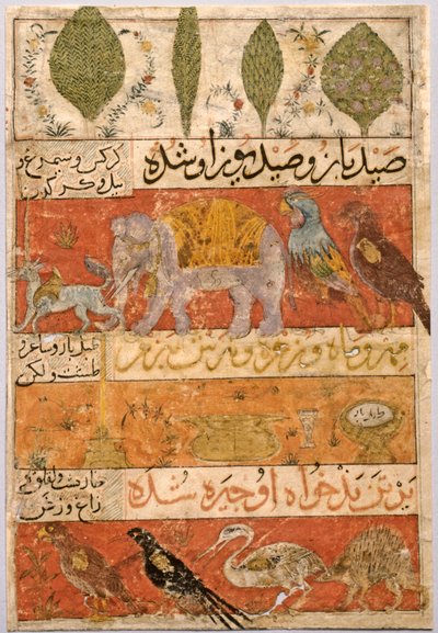 Dyr, fugle og planter verso, Illustration og tekst Persiske vers..., 1341. af Unbekannt