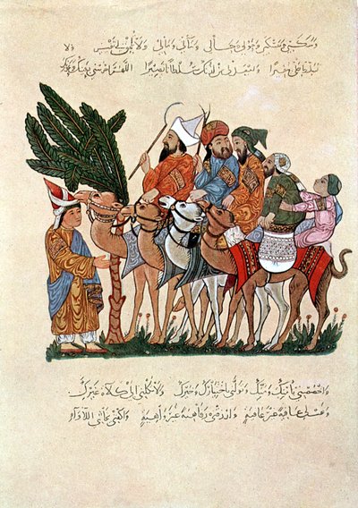 Arabiske rejsende på kameler, der bliver mødt ved slutningen af deres rejse af Unbekannt