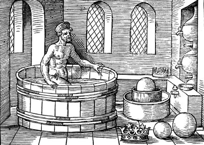 Archimedes c287-212 f.Kr., oldgræsk matematiker og opfinder, i sit bad af Unbekannt