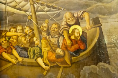 Armensk Apostolsk Kirke; Vægmaleri; storm; Jesus med sine disciple i båden under en storm; Bethlehem Kirke eller Bedkhem Kirke; Julfa distrikt eller Jolfa; Isfahan; Iran; Asien af Unbekannt