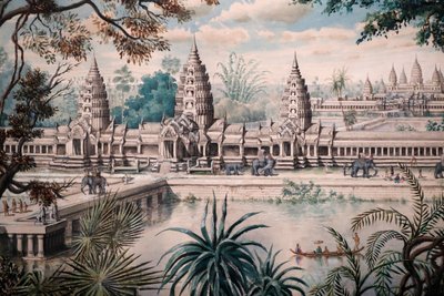 Asian Civilizations Museum, Angkor, Udforskning af Cambodjas hellige by, Udsigt over Angkor Wat, Print bsed på en tegning af Jacques Guiaud efter en skitse af Henri Mouhot, Udsigt over Angkor Wat af Louis Delaporte omkring 1870-73, Singapore, 2018 (foto) af Unbekannt