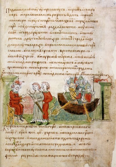 Askold og Dir spurgte af Rurik om tilladelse til at tage til Konstantinopel fra Radziwill Chronicle, 1400-tallet af Unbekannt