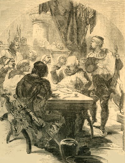 Ved en banket givet af Harold modtager han nyheden om normannernes invasion, c1890. af Unbekannt