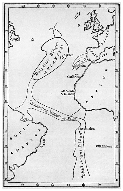 Atlantis: et kort, der viser placeringen af det mytiske kontinent, c1882 1956 af Unbekannt