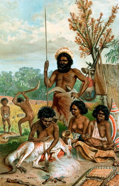 Australske aboriginere slagter en kænguru, 1885-1888 af Unbekannt