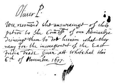 Autografnotat af Oliver Cromwell til et andragende fra East India Company, november 1657, 1893 af Unbekannt