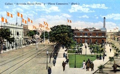 Avenida Saenz Pena og Plaza Casanave, Callao, Peru, omkring 1900-tallet af Unbekannt