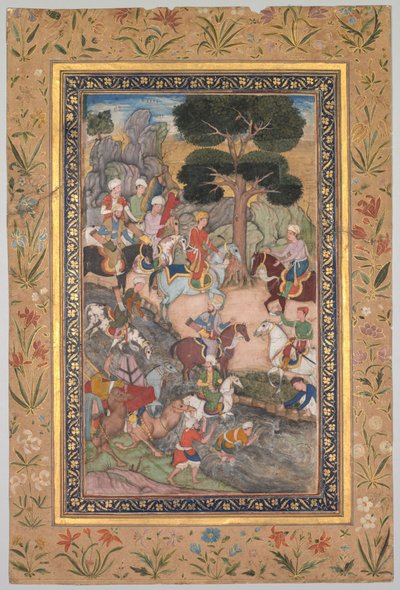 Babur møde med Sultan Ali Mirza ved Kohik-floden, fra Babur-nama Memoirs of Babur, ca. 159 af Unbekannt