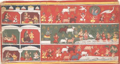 Bakasura, Tranedæmonen, ankommer til Brindavan... en spredt Bhagavata Purana..., ca. 1700. af Unbekannt