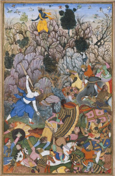 Balarama og Krishna kæmper mod fjenden, folio fra en Harivamsa The Legend of..., ca. 1590-95. af Unbekannt