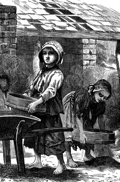 Barfodede piger sigter støv i et murværk, 1871 af Unbekannt