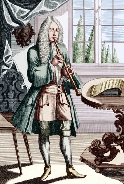 Barok obo musiker billedtekst lyder - Man playing hautboy (eller hautbois), som er tidlig obo Gravering af J C Weigel (1661-1726) fra Musikalisches Theatrum. af Unbekannt